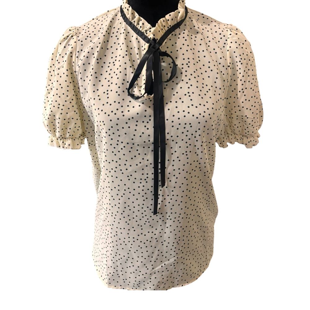 SHEIN‎ Ruffle Collar Cream Polka Dot Short Sleeve Blouse – L